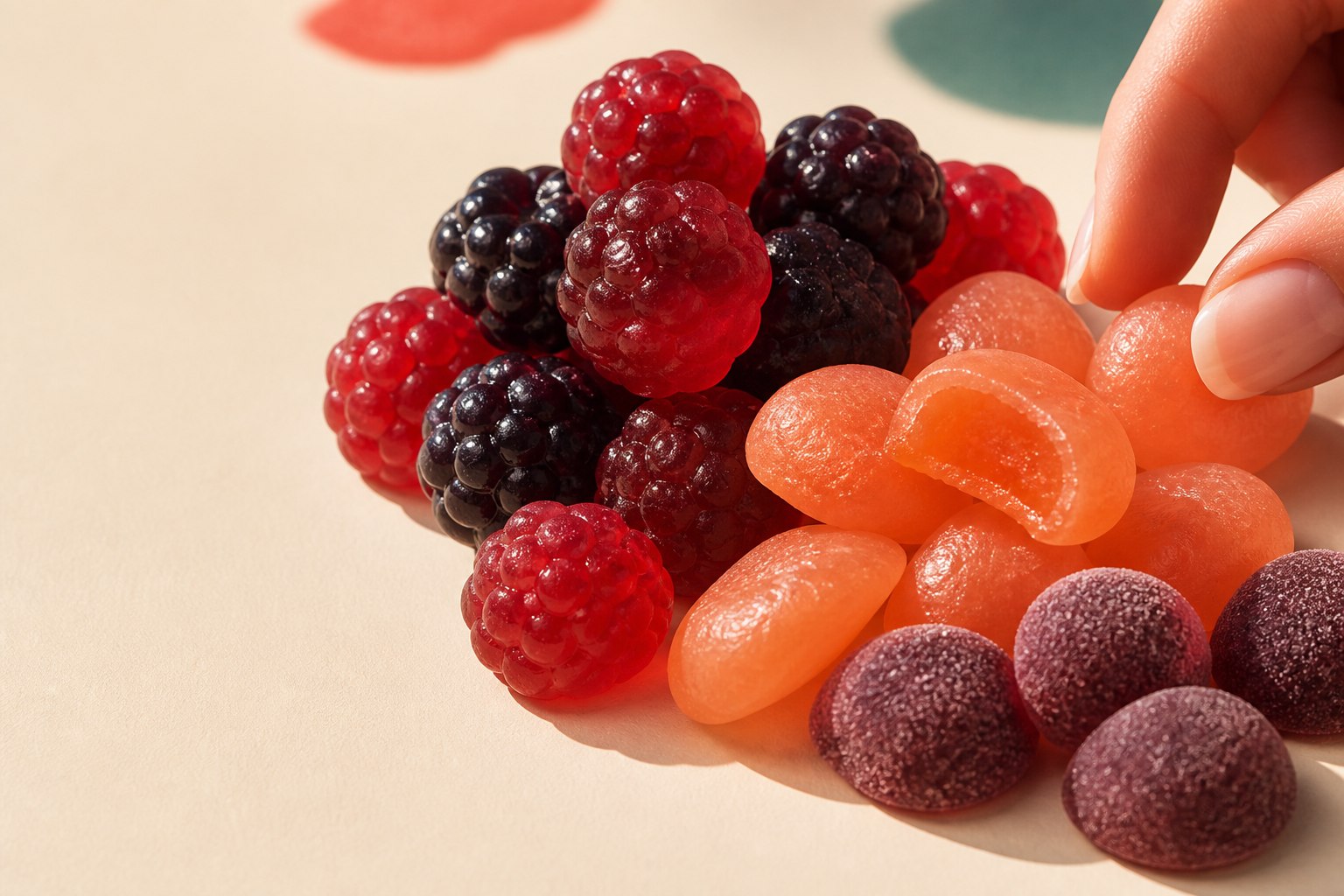 Concept raspberry, citrus and fizzy gummy sweets arranged on a warm cream surface